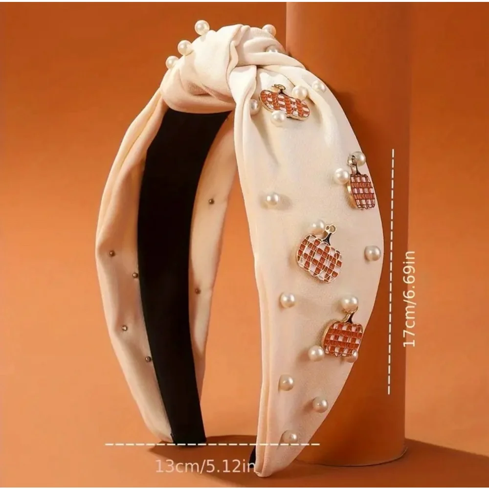 Ivory Top Knot Headband with Faux Pearls and Thanksgiving Turkey Charms